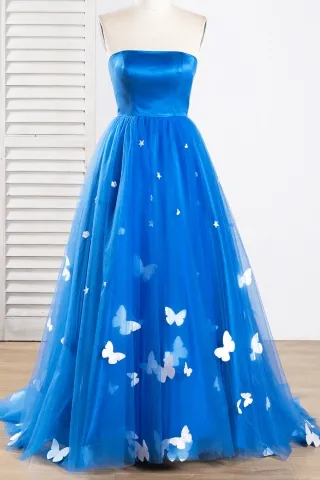 ocean blue tulle white butterflies strapless prom dress