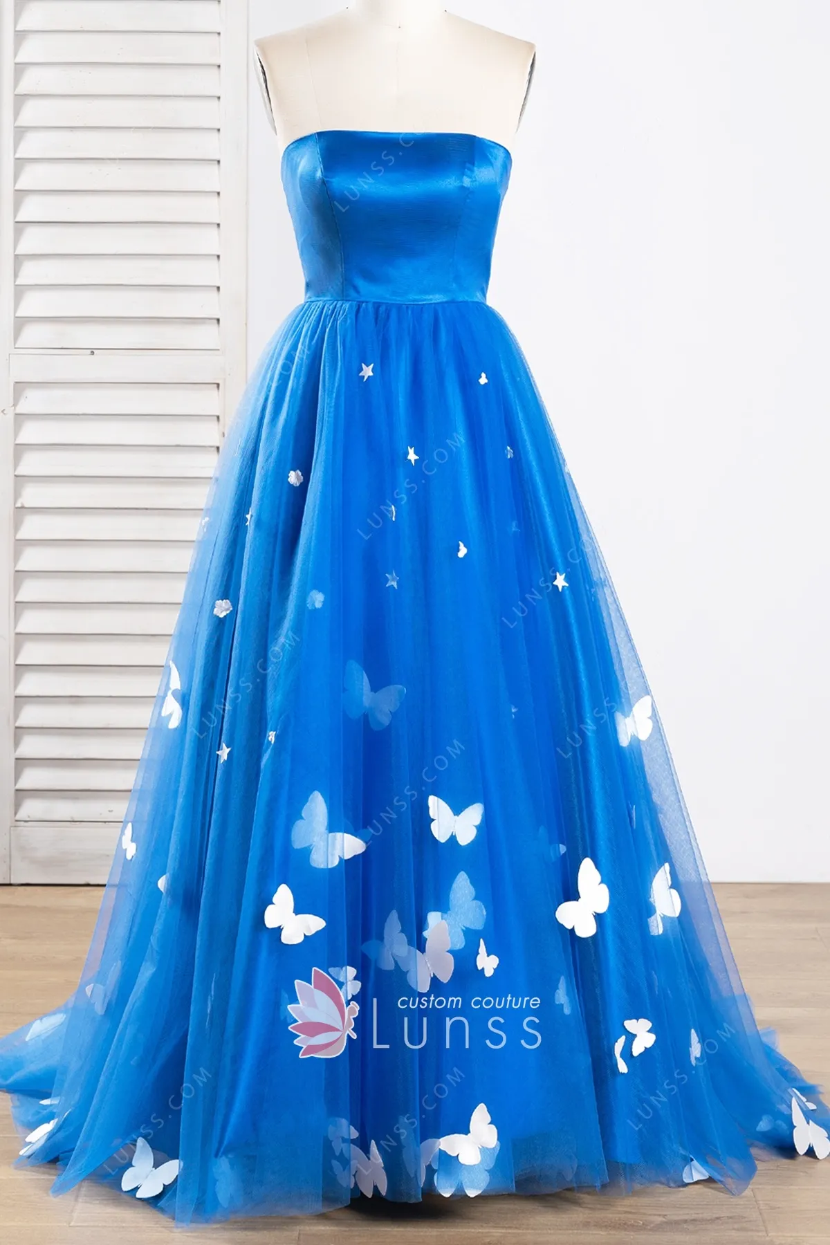 Ocean Blue Tulle White Butterflies Strapless Prom Dress Lunss