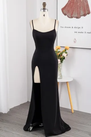 elegant black satin mermaid split long evening dress