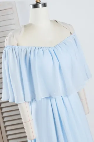 elastic off the shoulder light blue chiffon dress