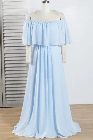 elastic off the shoulder ruffled light blue chiffon dress