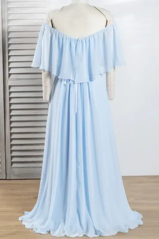 ruffled off shoulder wrap blue chiffon evening gown with beading belt