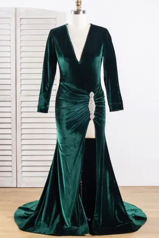 dark green velvet side beaded high slit mermaid prom gown