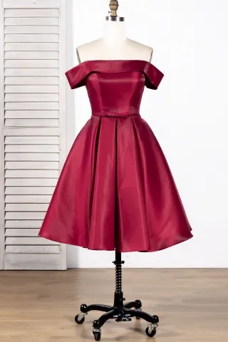 folded off the shoulder garnet satin short cocktail dress