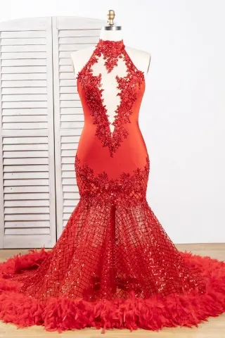 beaded jagged lace glitter mesh feather train prom gown