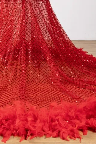 sheer glitter mesh with feather long train
