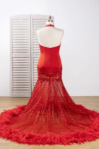 sheer mesh with feather long train sexy African American prom dress