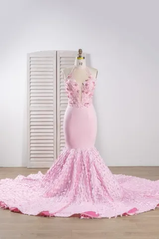 amazing 3d flowers petals pink long train prom dress