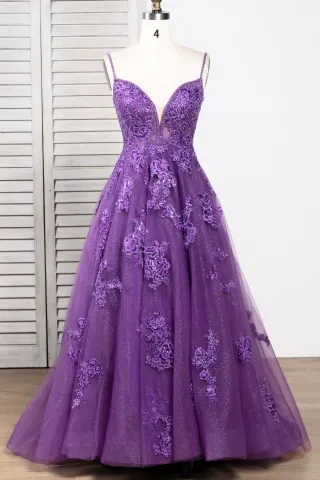 Lunss Scattering Feather Appliqued Purple Tulle Ball Gown Dress