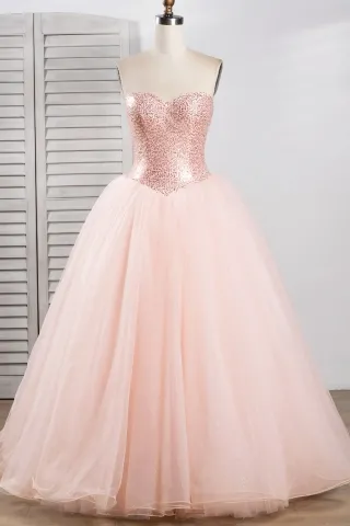 princess basque waist peach pink glitter tulle ball gown