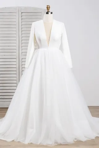 elegant ivory satin and tulle plunging neckline ball gown