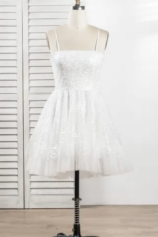 sparkly ivory white glitter sequin short homecoming dress
