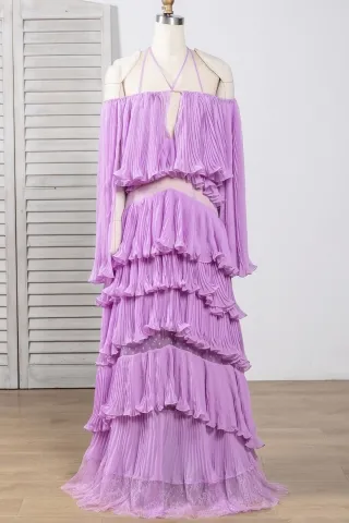light violet pleated ruffled tiered unique long prom gown