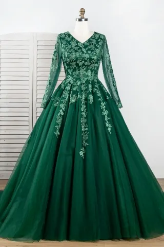 elegant dark green lace and tulle long formal ball gown