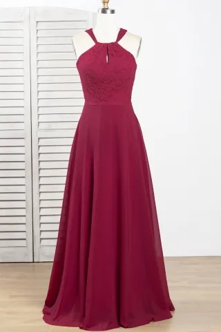 vintage wine lace chiffon halter strap bridesmaid dress