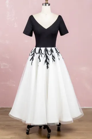 beaded black and white tea length celebrity party dress