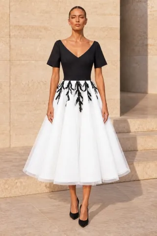beaded black and white tea length dress