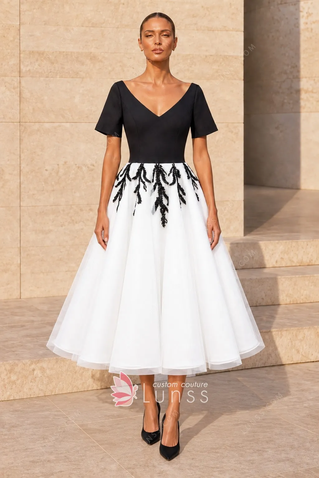 Beaded Black and White Tea-length Celebrity Party Dress