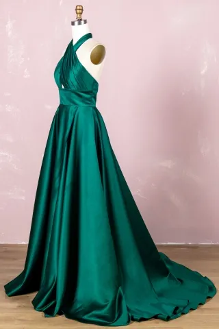 ruched dark green satin split prom dress