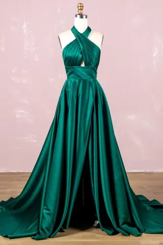 ruched dark green satin split simple long prom dress