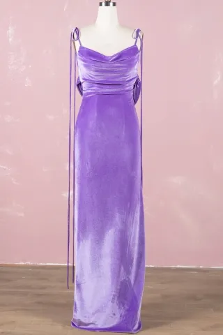purple velvet cowl neck spaghetti straps evening dress
