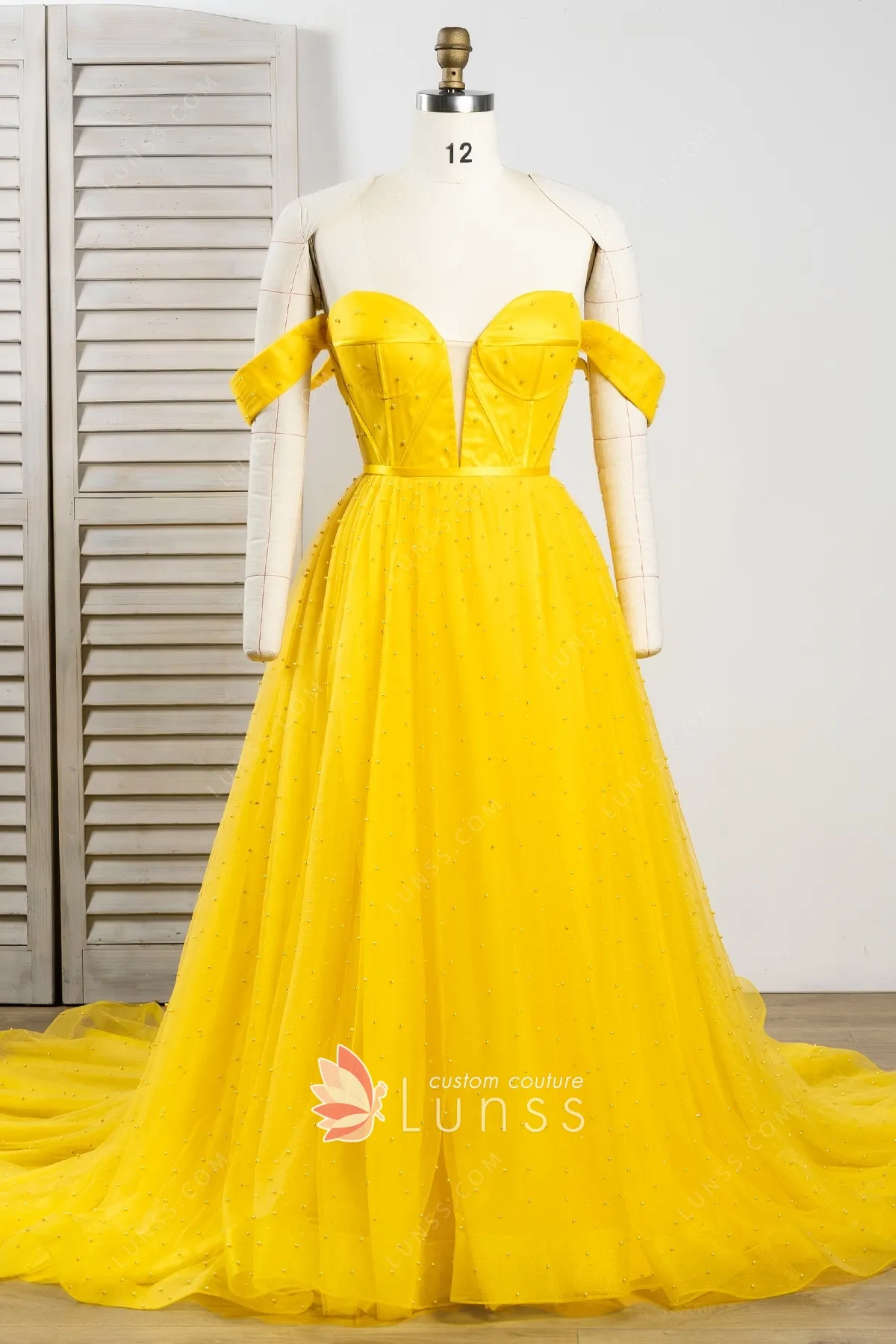 Yellow Tulle Off the Shoulder Appliques Quinceanera Dress prom dress, evening dress    cg22252