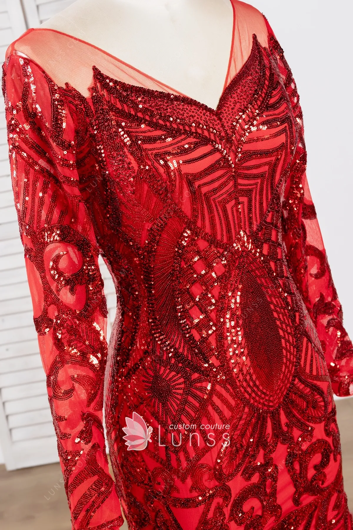 Sparkly Luxury Unique Red Sequin Feather Long Prom Dress - Lunss