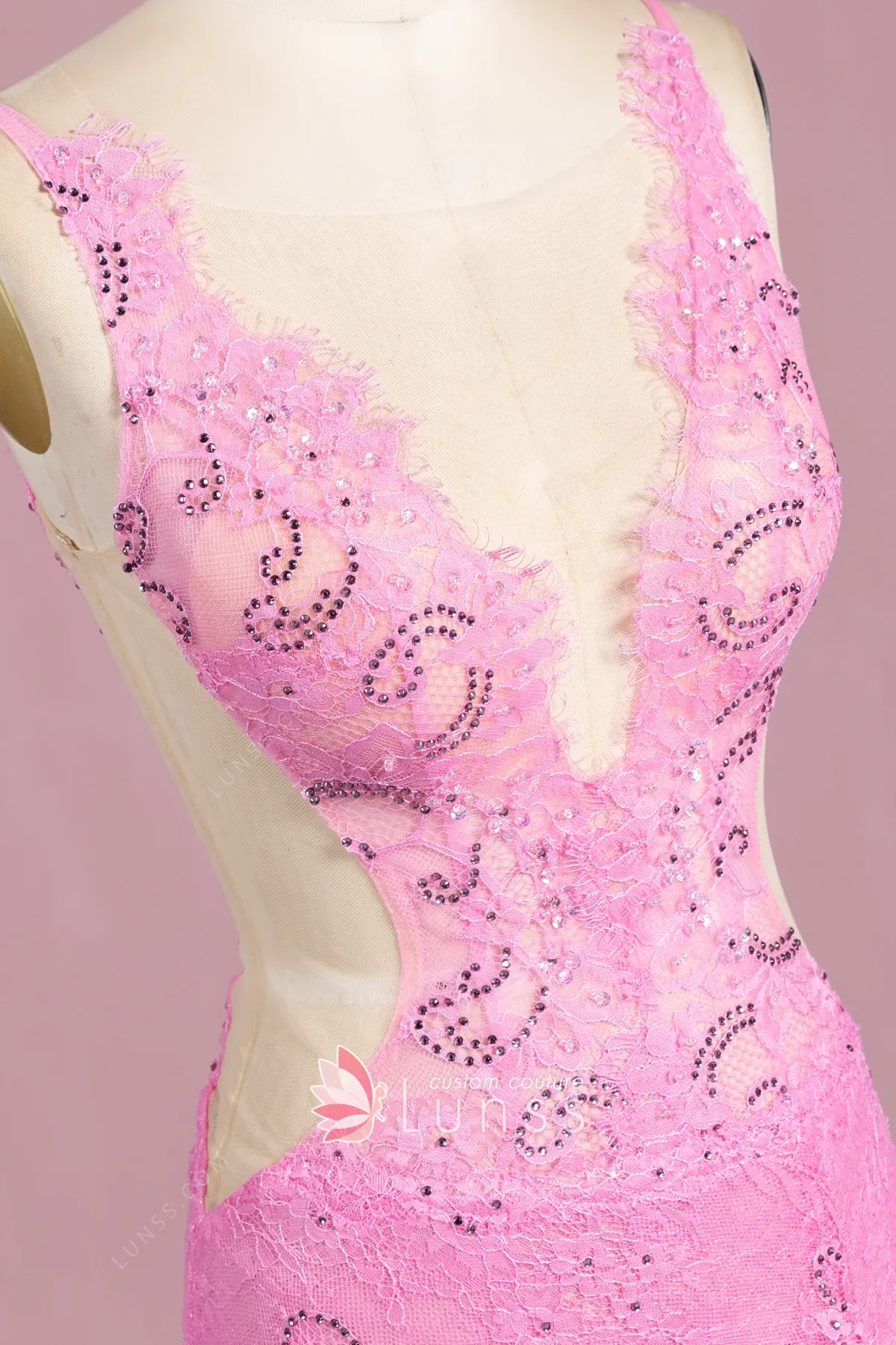 Square Neckline Long Lace Dress With Slit Blushing Pink Plus Size
