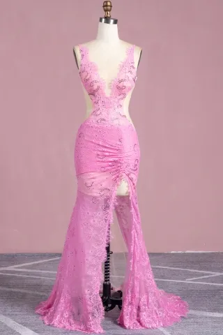 sexy beaded candy pink sheer lace split long prom dress