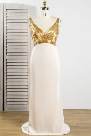 beaded gold glitter champagne satin long evening dress