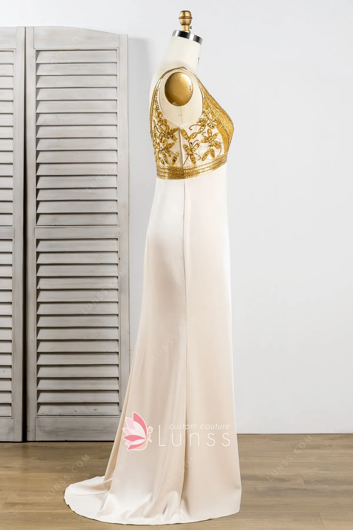 Beaded Gold Glitter Champagne Satin Long Evening Dress Lunss