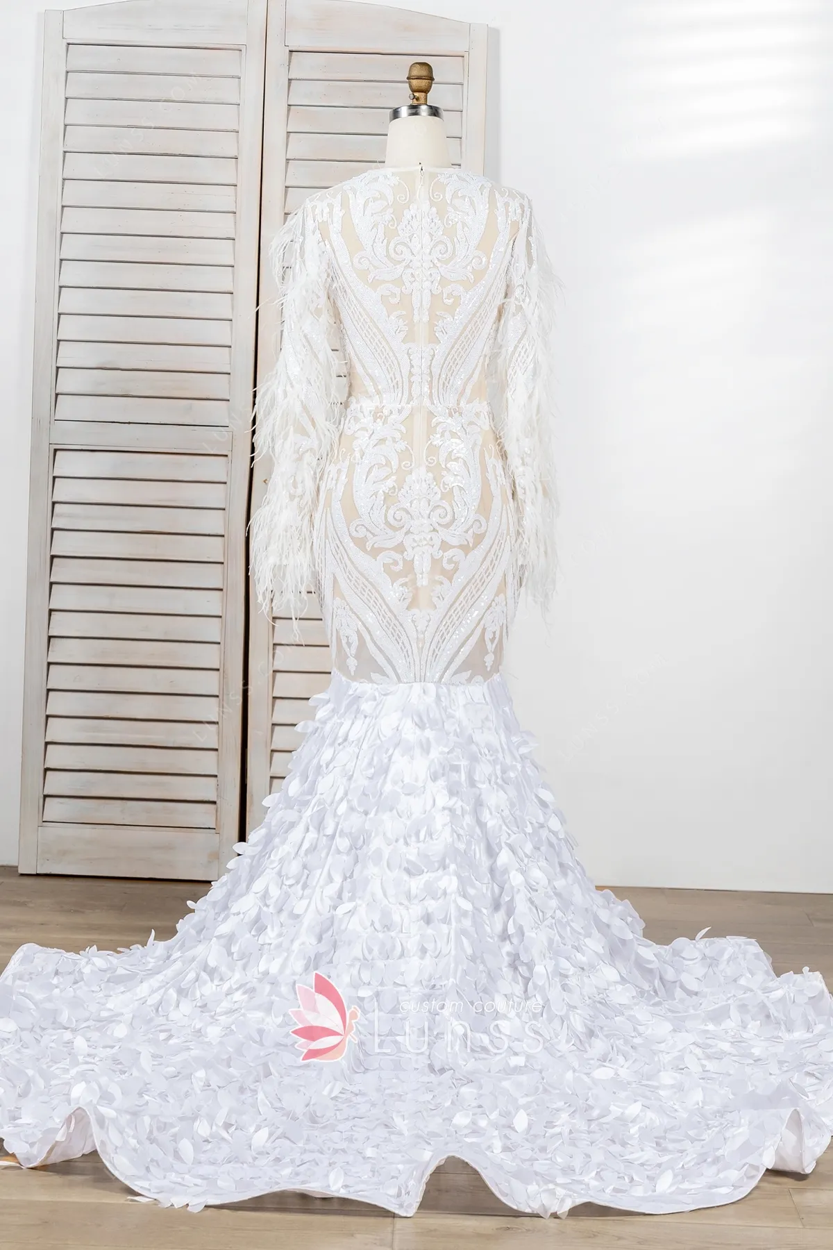 White Sequin Long Sleeve Dramatic 3D Leaf Trumpet Dress