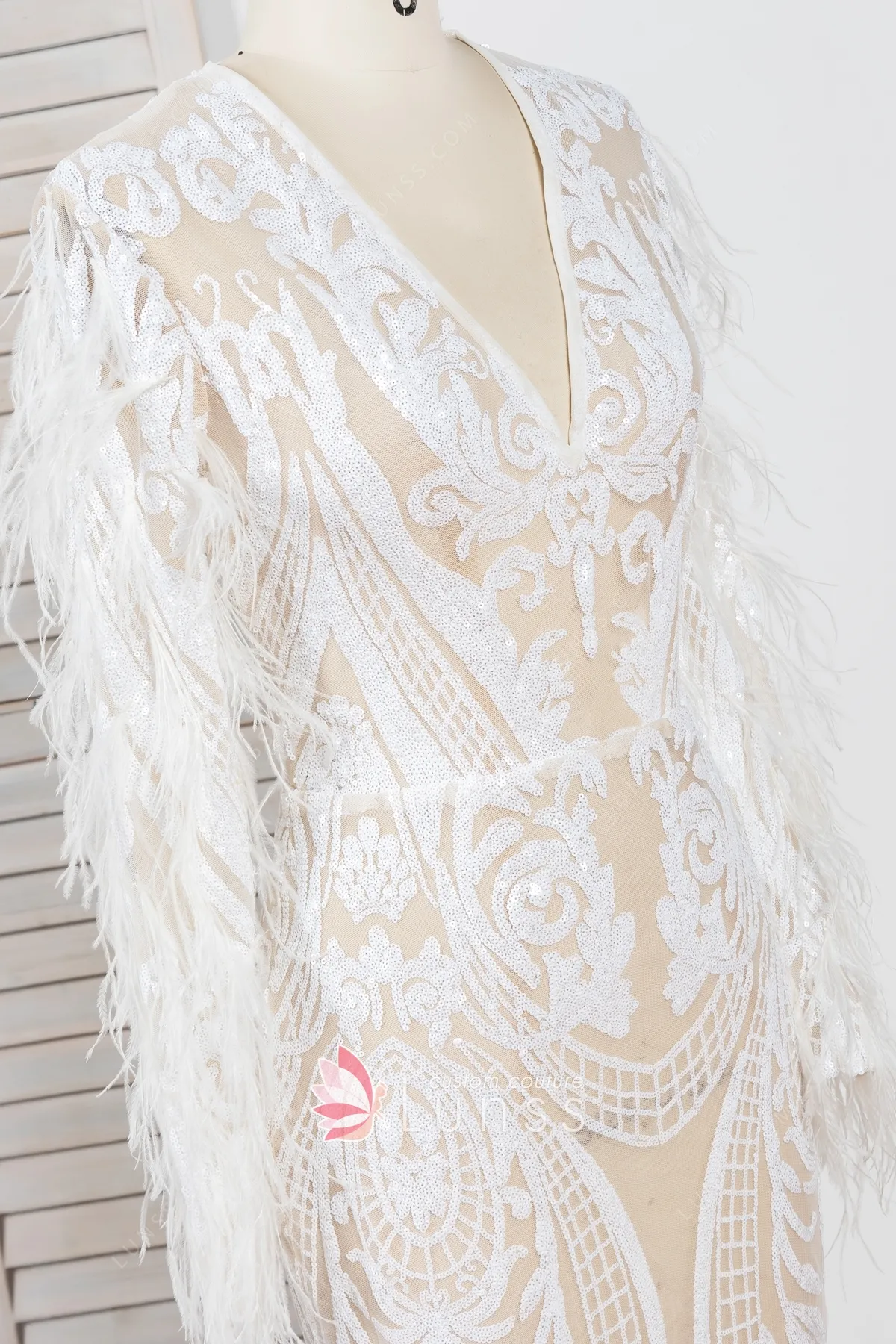 White Sequin Feathers Decor Leaf Long Train Prom Dress Lunss