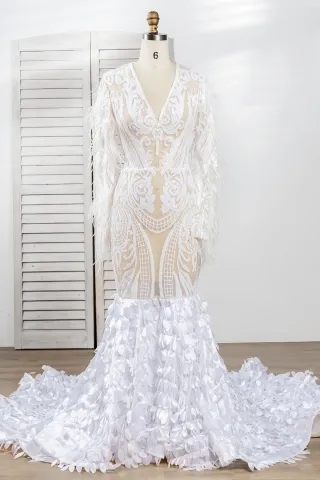 white sequin feathers decor leaf long train prom dress