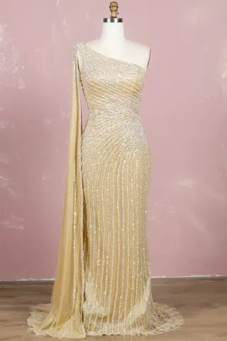 bling bling sequinned gold tulle one shoulder formal gown