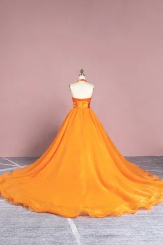 orange organza long train ball gown prom dress