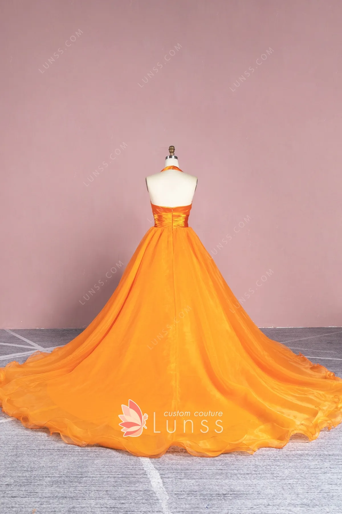 Orange Shiny Satin and Organza Long Train Ball Gown Lunss