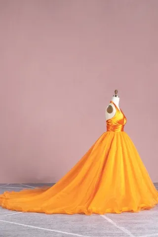 orange satin and organza ball gown