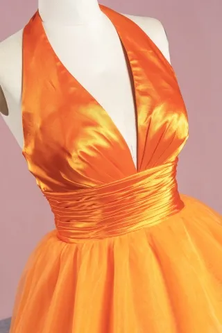 shiny orange satin plunging neckline