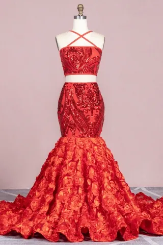 red sequin and 3d rosette sexy two piece prom dress