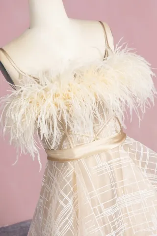 ostrich hair decorated neckline with spaghetti straps