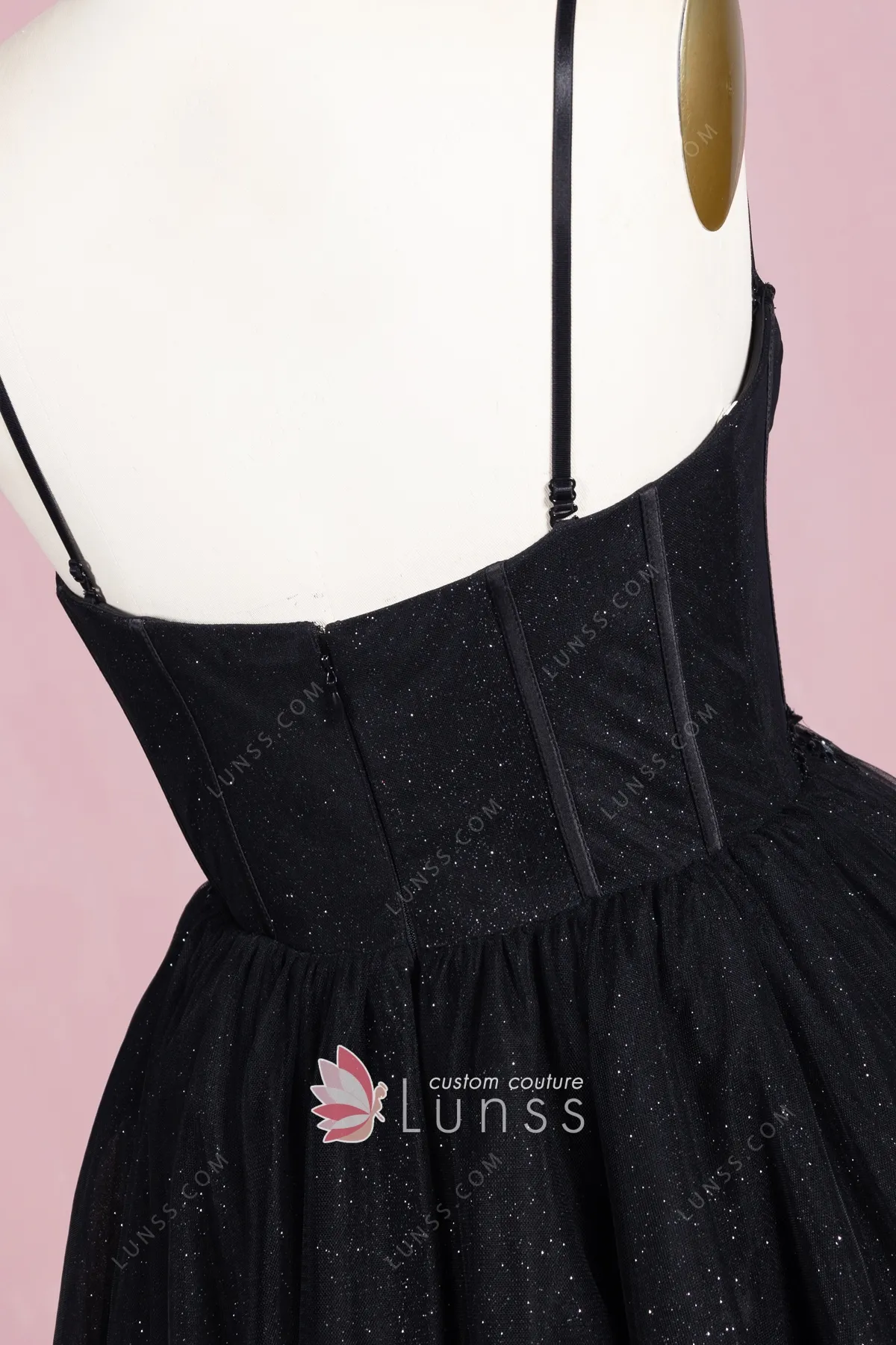 Sparkly Black A-line Straps Prom Dress Tulle Evening Gown main image 1