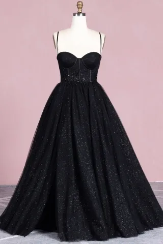 shimmering black glitter tulle beaded lace prom dress