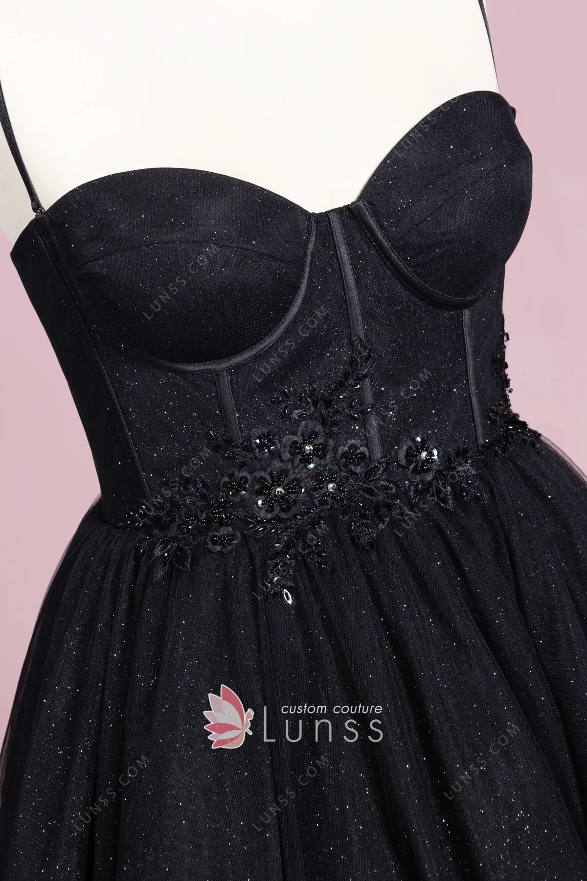 Peach Pink Glitter Tulle Appliques Evening Dress with Corset Bodice Y6173 main image 1