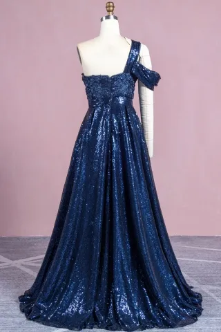beaded navy lace and sparkly sequin asymmetrical single shoulder prom dress