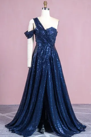 beaded navy lace sparkly sequin single shoulder prom gown