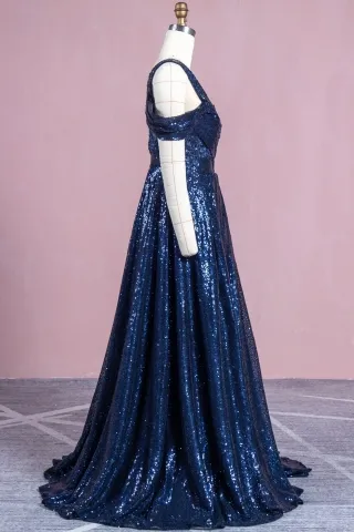 navy lace sequin single shoulder gown