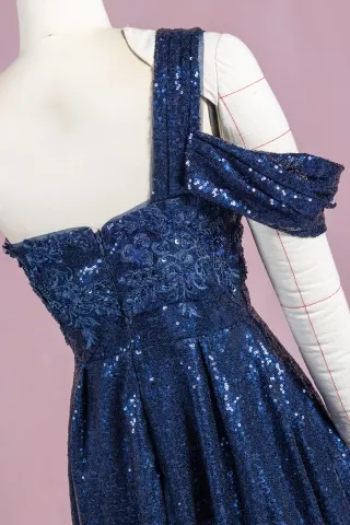 One Shoulder Navy Blue Sequin Dress