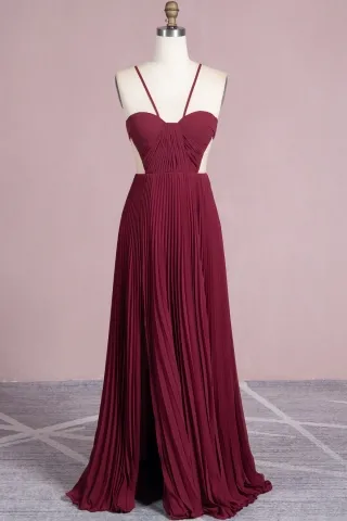 pleated burgundy chiffon sexy cut out slit evening dress