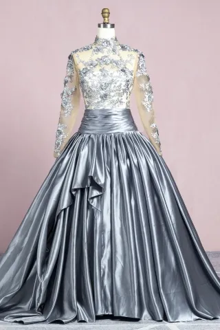 gray 3d flowers illusion top satin ball gown prom dress